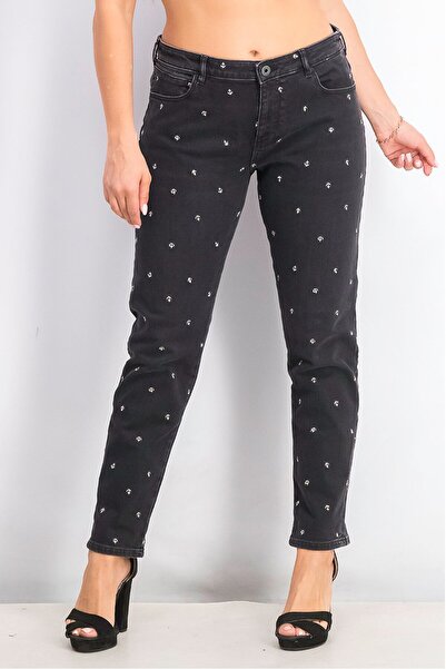 Scotch & Soda Kadın Slim Boyfriend Beş Cepli ışlemeli Stright Pantolon، Siyah