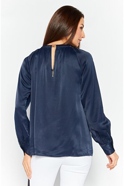 Michael Kors Women Round Neck Long Sleeves Plain Blouse, Navy