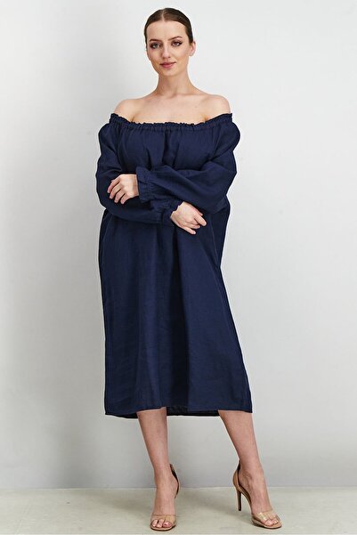 Tchibo Women Solid 3/4 Sleeves Linen Midi Dress, Navy
