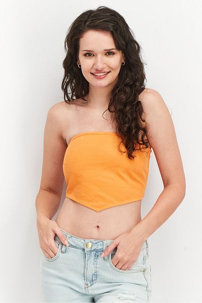NA-KD Women Straight Across Strapless Plain Denim Tube, Orange
