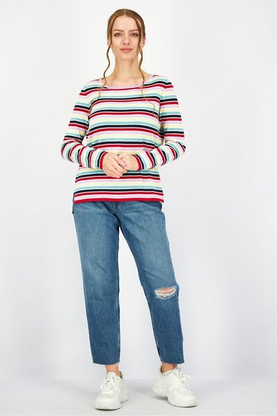 Esprit Women Round Neck Long Sleeves Stripe Knit Sweater, Red Combo