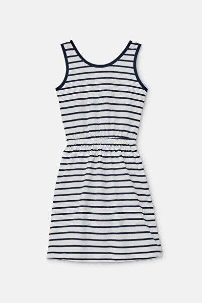 Tchibo Kids Girls Jersey Pinafore Dress, White and Dark Blue