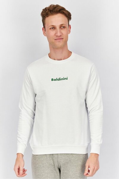 Baldinini Men Crew Neck Brand Logo Long Sleeves Sweatshirt, White and Forest