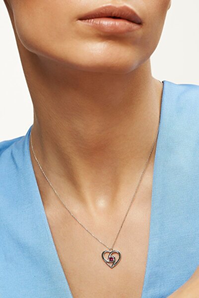 Altınbaş Kırmızı Taşlı Altın Kalp Kolye