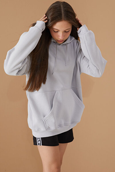 Cansın Mini Gray Basic Hooded Long Sleeve Girl's Sweatshirt - 19191