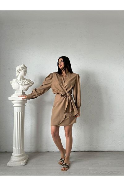 Bade Butik Кафява ленена рокля с вързани връзки