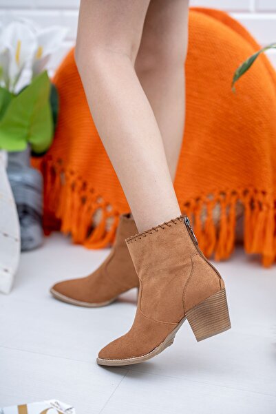 Gimeravm Arkadan Fermuarlı Topuklu Taba Süet Bot