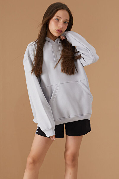 Cansın Mini Gray Basic Hooded Long Sleeve Girl's Sweatshirt - 19191