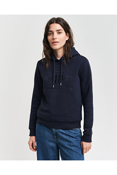 Gant Kadın Lacivert Regular Fit Kapüşonlu Logolu Sweatshirt
