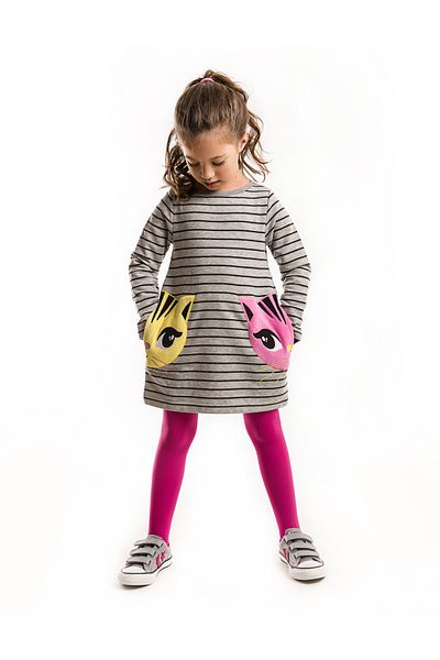 Denokids Mädchen - Grau gestreiftes Langarmkleid mit Katzentasche