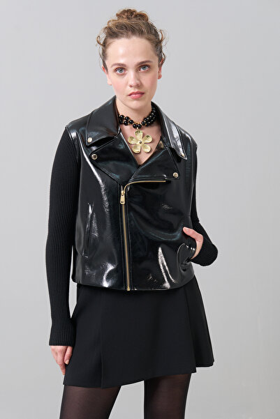 Roman Gold Fermuar Ve Çıtçıtlı Deri Yelek Siyah K2517015_001