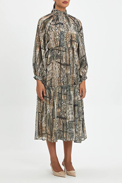 SERPİL Düğme Detaylıyılan Desenli Uzun Kollu Midi Boy Yeşil Elbise 39154