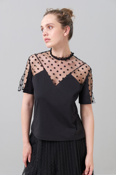 Roman Flok Tül Detaylı T-Shirt Siyah K2523822_001