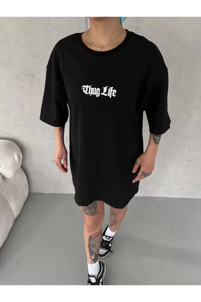 Femella Women Fashion Tricou oversize cu imprimeu unisex cu guler rotund - negru