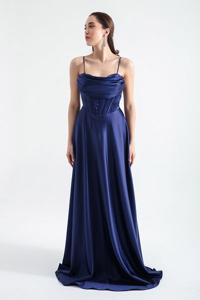 OFZE Women's Navy Blue Thin Strap Back Rope Lacing Detailed Evening Dress