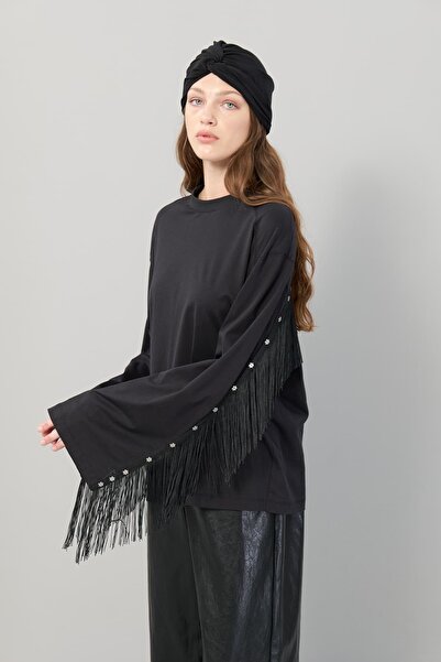 Roman Arkası Floş Püskül Ve Trok Baskılı T-Shirt Siyah K2523827_001