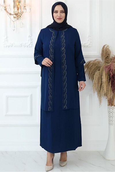 TRENDTESETTÜR Women's Navy Blue (NDIGO) Stone Embroidered Evening Dress T 7321