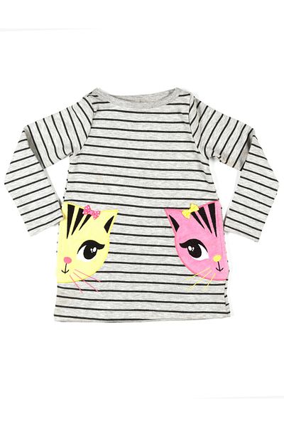 Denokids Mädchen - Grau gestreiftes Langarmkleid mit Katzentasche