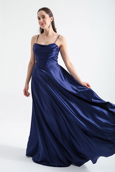 OFZE Women's Navy Blue Thin Strap Back Rope Lacing Detailed Evening Dress