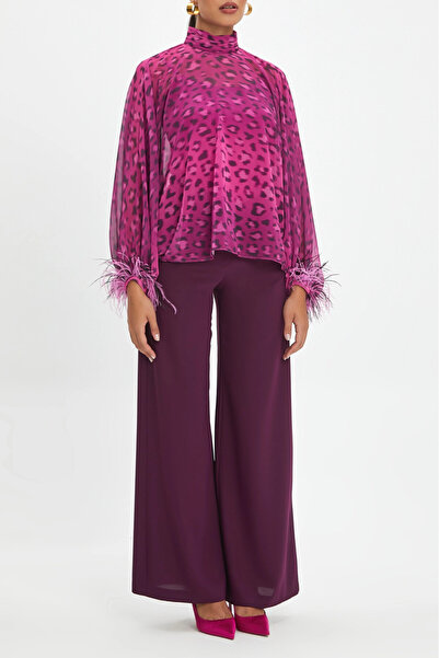 SERPİL Kol Ucu Otriş Detaylı Yarasa Kol Leopar Desenli Fuşya Bluz 39112