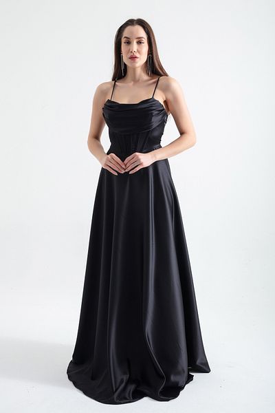Lafaba Rochie de seară, neagră, subțire, cu frânghie, cu șireturi