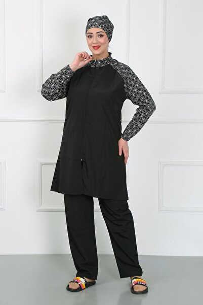 Akbeniz Plus Size Patterned Hijab Swimsuit Black 44030