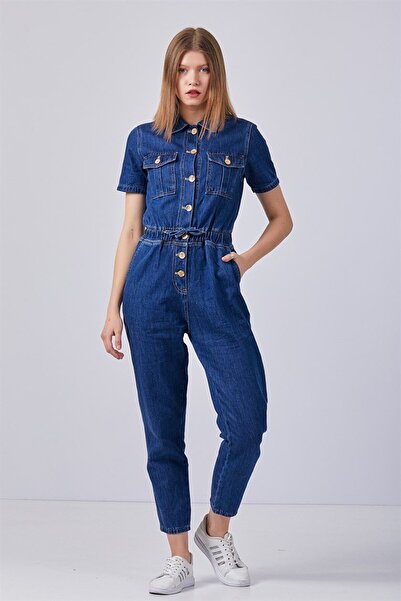 Livanomi Önü Düğmeli Lacivert Kot Tulum