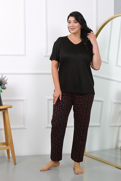 Akbeniz Plus Size Μαύρο Χτενισμένο Βαμβακερό Σετ Πυτζάμες - Κοντό μανίκι 202406