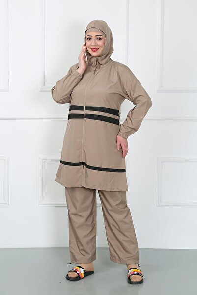 Akbeniz Costum de baie Hijab mărime mare Bej 44020