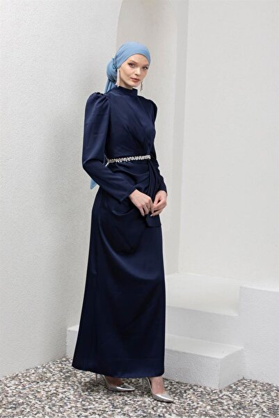 Livanomi Lacivert Kemeri Taşlı Tesettür Abiye Elbise