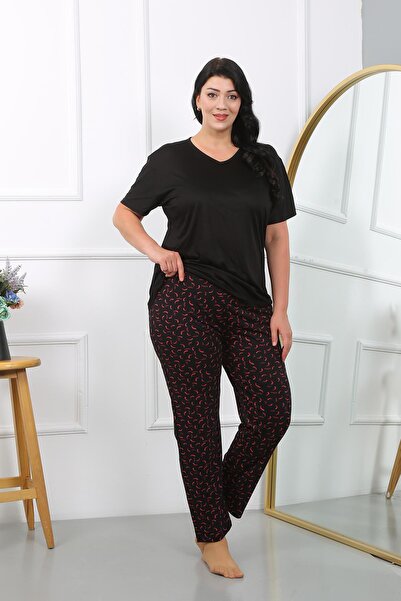 Akbeniz Plus Size Black Combed Cotton Pajama Set - Short Sleeve202406