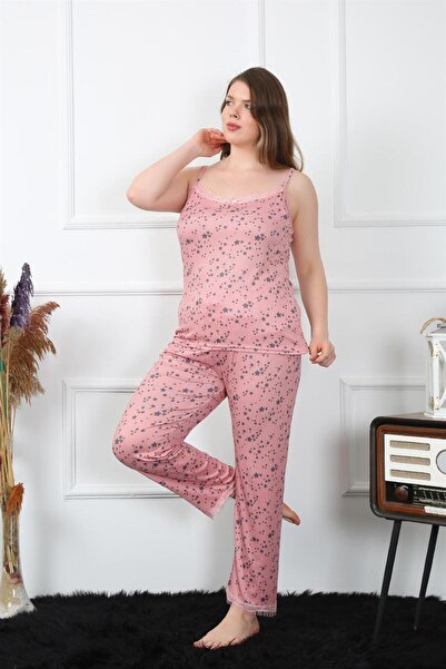 Akbeniz Women's Large Size Salmon Rope Strap Pajamas Set 202198