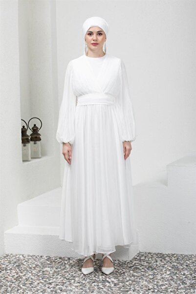 Livanomi Kolları Piliseli Beyaz Tesettür Abiye Elbise