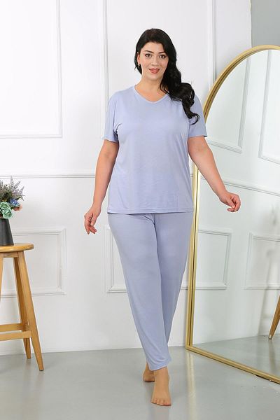 Akbeniz Σετ πιτζάμες λιλά Plus Size κοντομάνικο χτενισμένο βαμβακερό - 202405