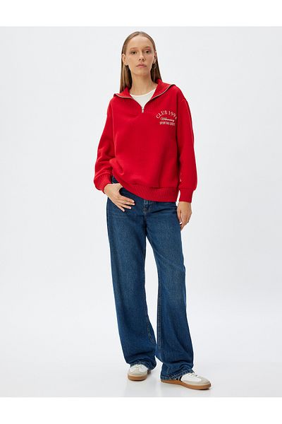 Koton College Embroidered Stand Collar Half Zipper Ribbed Hooded Sweatshirt