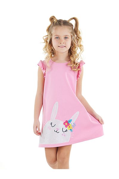 Denokids Ροζ βαμβακερό καλοκαιρινό φόρεμα για κορίτσια - κουνέλι και βολάν