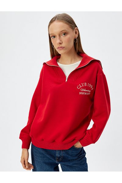 Koton College Embroidered Stand Collar Half Zipper Ribbed Hooded Sweatshirt