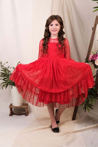 Mnk Baby&Kids Rochie pentru fete din dantelă Makri - cu mânecă lungă, RED MNK0600