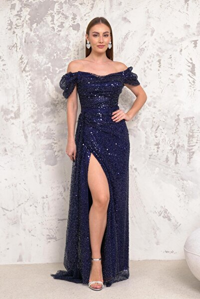 Livanomi Kayık Yaka İncili Pullu Lacivert Büyük Beden Abiye