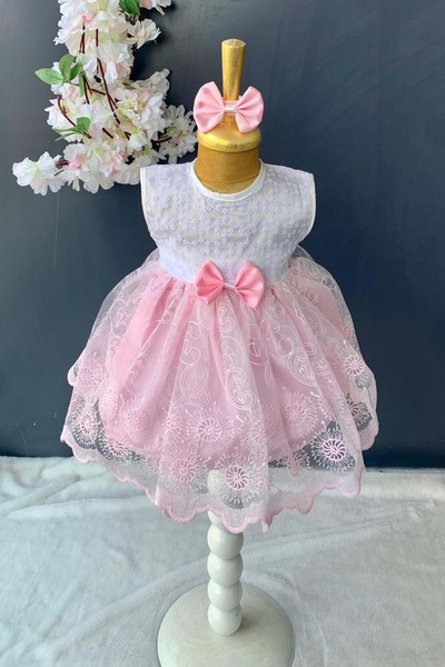 Mnk Baby&Kids Saç Bantlı Dantelli Bebek Elbise PNPN136 PEMBE