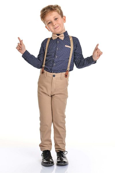 Mnk Long Pants Dark Patterned Shirt Boy's Set Mnk0301 Navy Blue