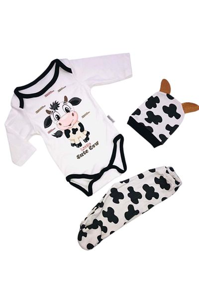 Mnk Baby&Kids Cute Cow Motif Combed Cotton Unisex Hat Badi 3-Piece Baby Set White
