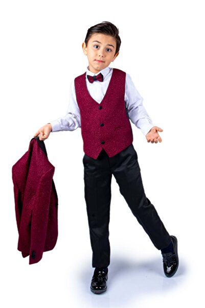 Mnk Baby&Kids Boy's Groom Suit with Glitter Jacket and Vest Mnk0501 Bordo
