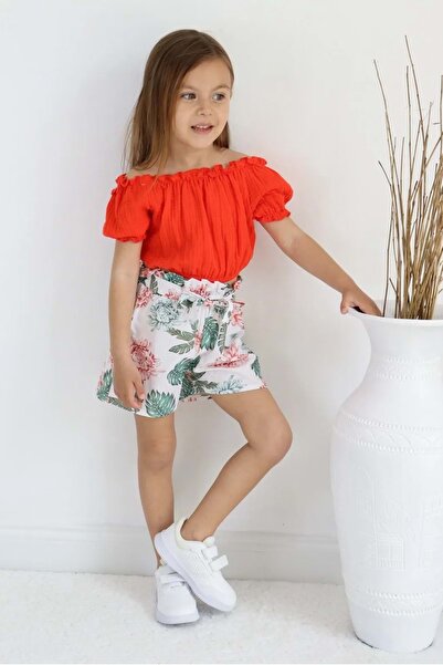 Mnk Baby&Kids Palm Tree Pattern Muslin Fabric Girl's Suit with Shorts TF7355 RED