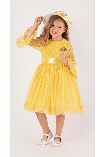 Mnk Double Hat Bow Polka Dot Period Dress Yellow