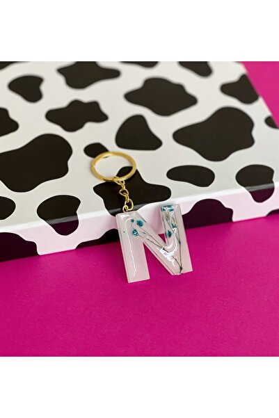 Gift Moda سلسلة مفاتيح إيبوكسي بيضاء مع زهور مجففة حقيقية