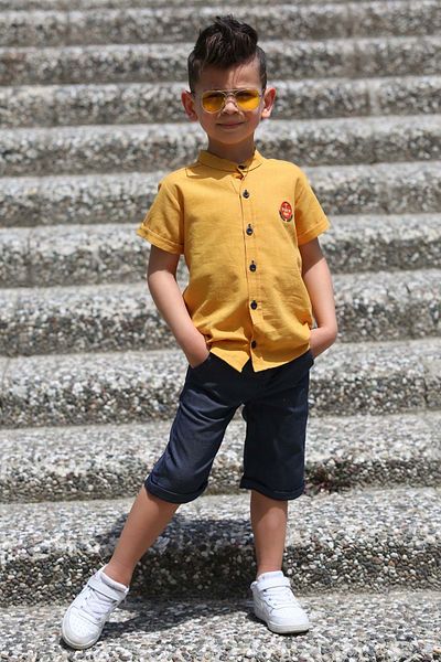 Mnk Baby&Kids Linen Shirt Woven Trousers Belted Boy Suit Mnk4306 Yellow