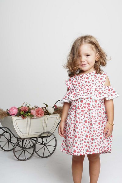 Mnk Baby&Kids Rochie roșie de vară pentru fetiță - imprimeu cu fructe, bumbac, mânecă Terikoton și detaliu scoici Mnk0406