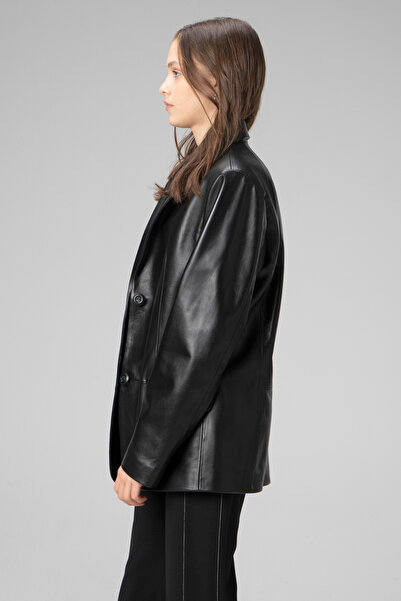Dericlub Bloom Kadın Oversize Düğmeli Hakiki Deri Blazer Ceket Siyah