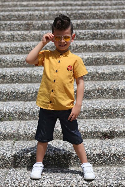 Mnk Baby&Kids Linen Shirt Woven Trousers Belted Boys' Suit Mnk4306 Yellow